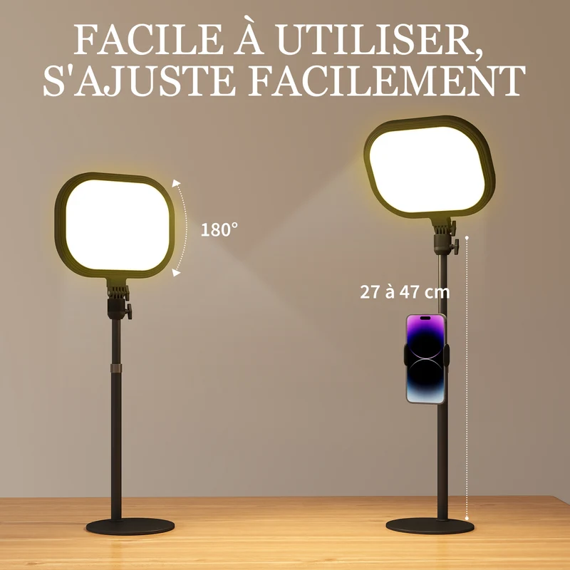 Lampe de bureau 23 x 23 x 65 cm 5 modes de couleur 10 niveaux support téléphone tête 180° moderne épuré en métal noir 21_0007044