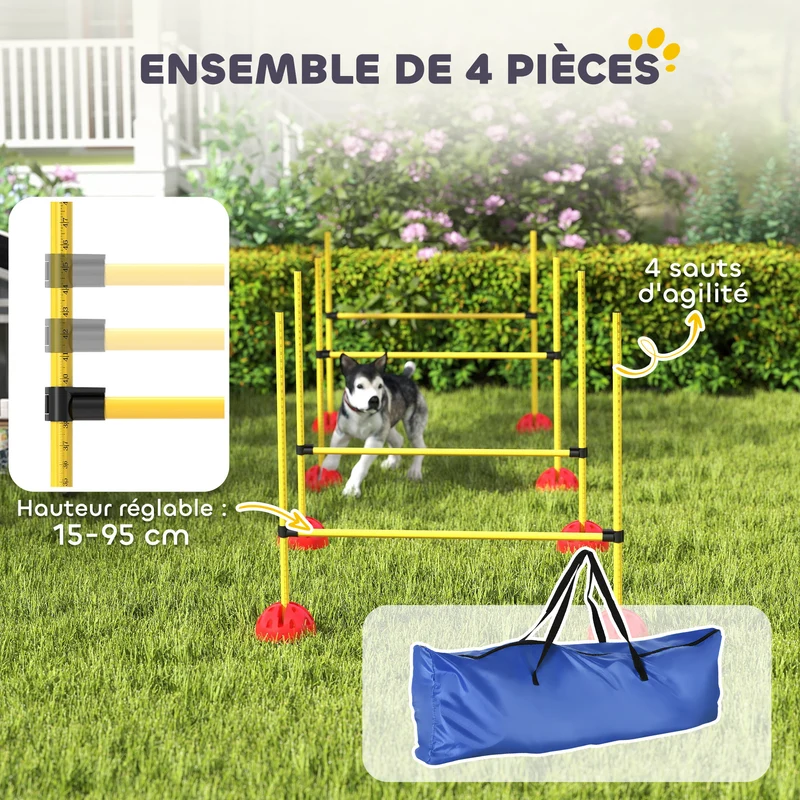 Kit d'agilité pour chien parcours 124 x 19.5 x 103 cm hauteur réglable base stabilisante extérieur moderne en abs jaune 21_0007526