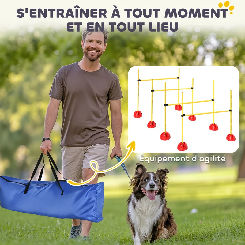 Kit d'agilité pour chien parcours 124 x 19.5 x 103 cm hauteur réglable base stabilisante extérieur moderne en abs jaune 21_0007526