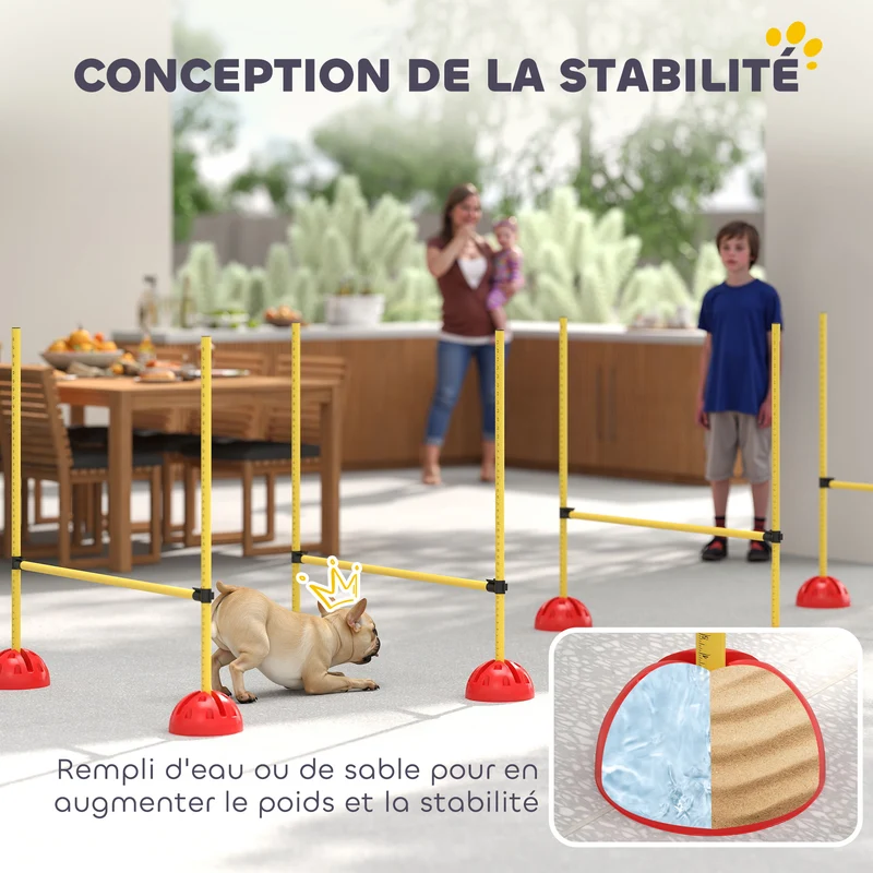 Kit d'agilité pour chien parcours 124 x 19.5 x 103 cm hauteur réglable base stabilisante extérieur moderne en abs jaune 21_0007526