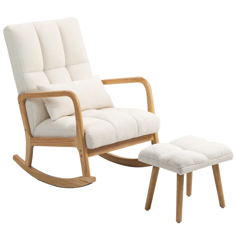 Fauteuil à bascule 64,5 x 82 x 89 cm repose-pieds ottoman dossier ergonomique scandinave design en tissu bouclette blanc 21_0003536