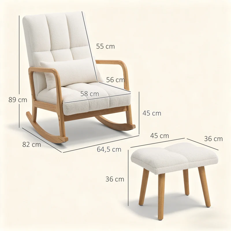 Fauteuil à bascule 64,5 x 82 x 89 cm repose-pieds ottoman dossier ergonomique scandinave design en tissu bouclette blanc 21_0003536