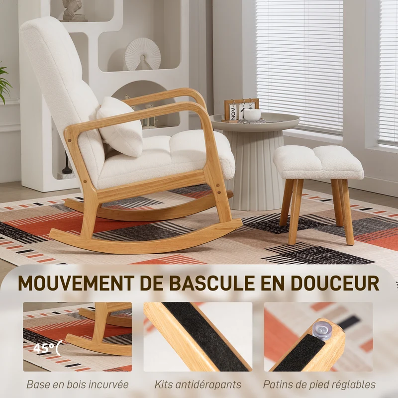Fauteuil à bascule 64,5 x 82 x 89 cm repose-pieds ottoman dossier ergonomique scandinave design en tissu bouclette blanc 21_0003536