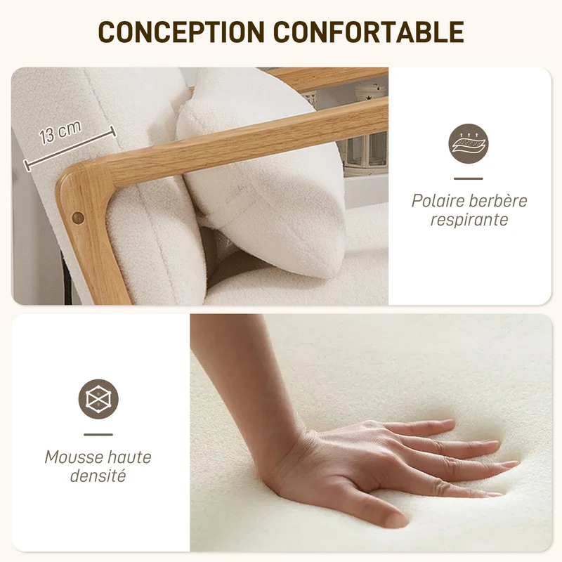 Fauteuil à bascule 64,5 x 82 x 89 cm repose-pieds ottoman dossier ergonomique scandinave design en tissu bouclette blanc 21_0003536