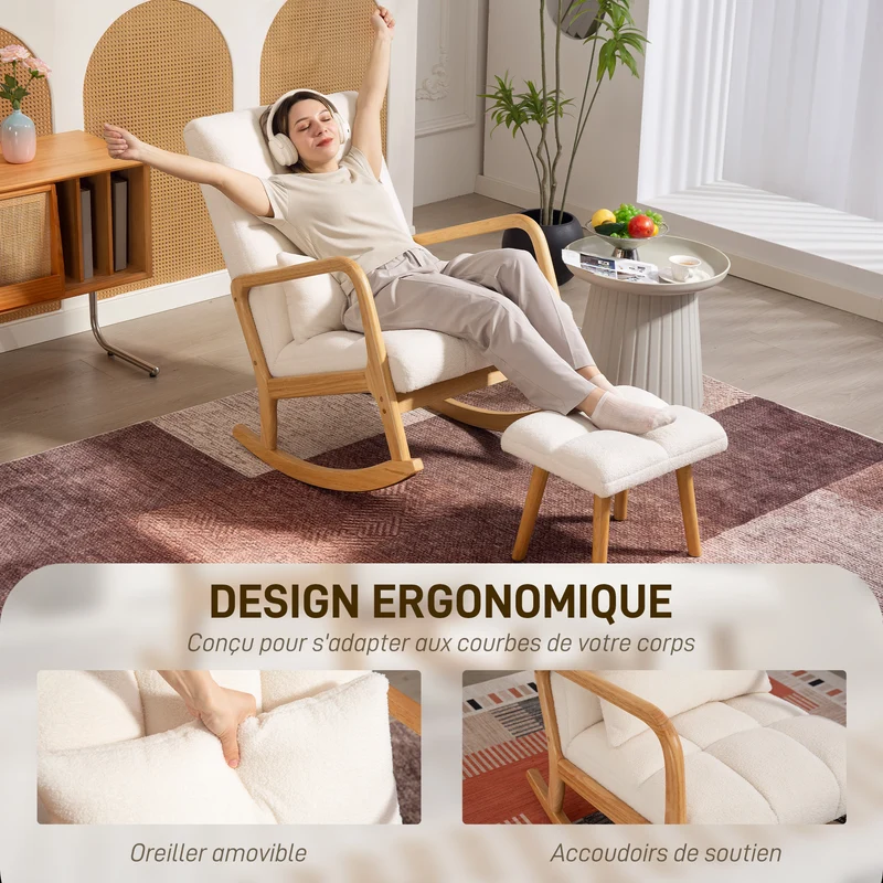 Fauteuil à bascule 64,5 x 82 x 89 cm repose-pieds ottoman dossier ergonomique scandinave design en tissu bouclette blanc 21_0003536