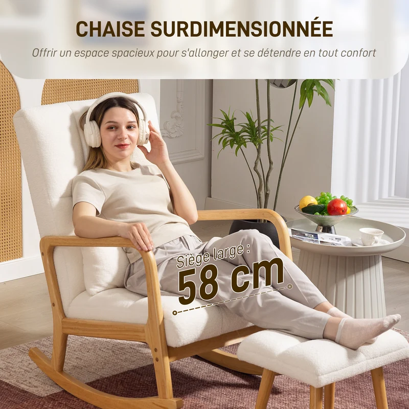 Fauteuil à bascule 64,5 x 82 x 89 cm repose-pieds ottoman dossier ergonomique scandinave design en tissu bouclette blanc 21_0003536