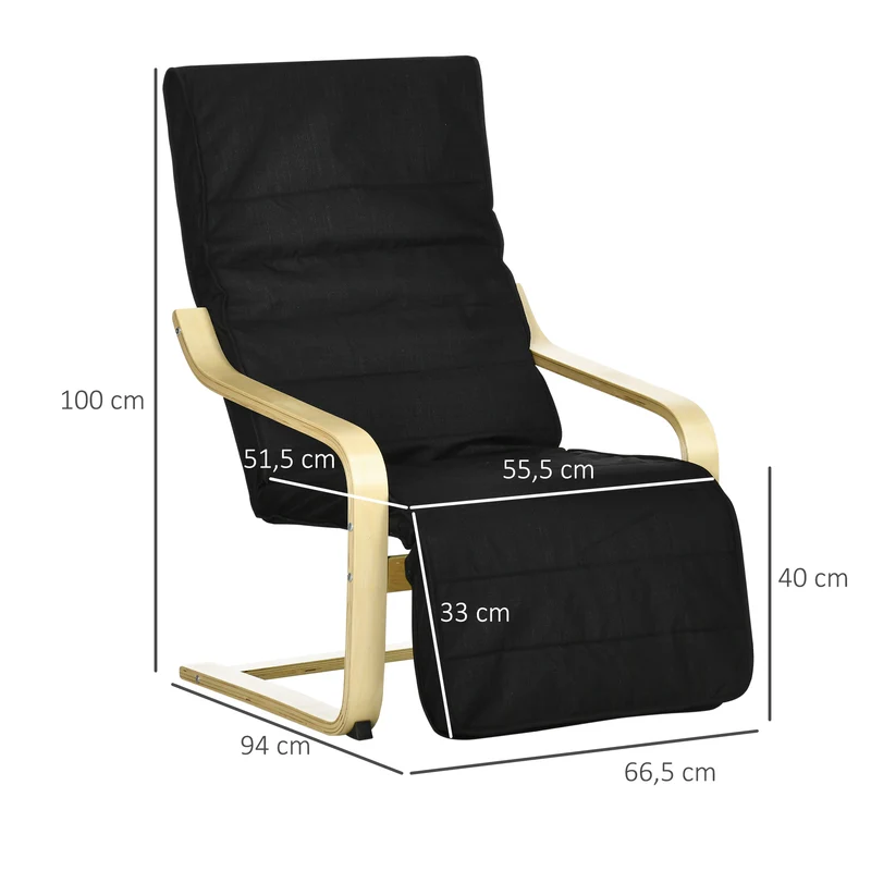 Fauteuil détente salon 94 x 66,5 x 100 cm repose-pied 5 positions assise rembourrée scandinave chaleureux en coton noir 21_0001690