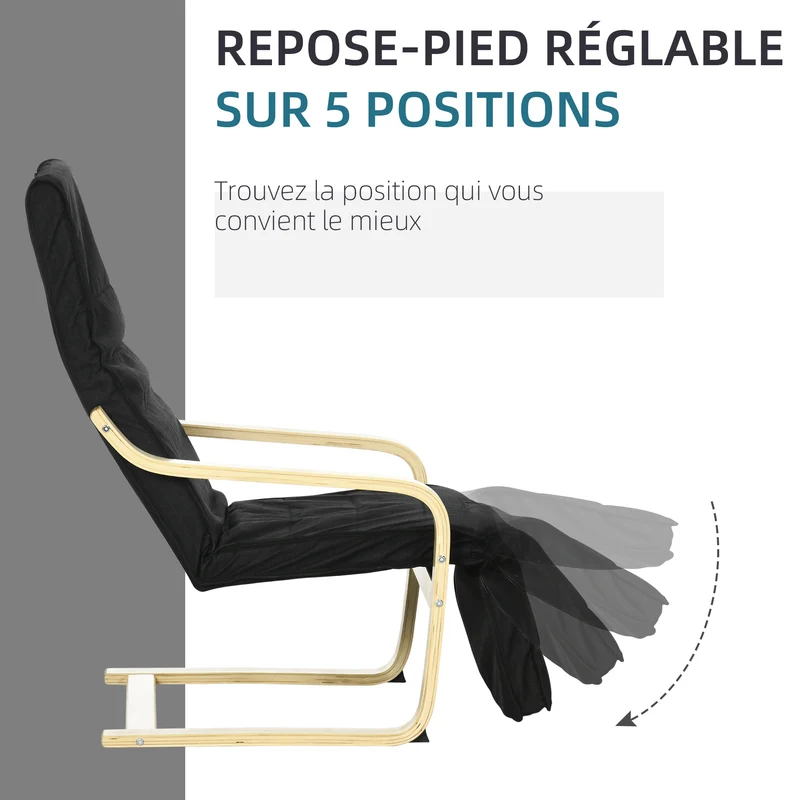 Fauteuil détente salon 94 x 66,5 x 100 cm repose-pied 5 positions assise rembourrée scandinave chaleureux en coton noir 21_0001690