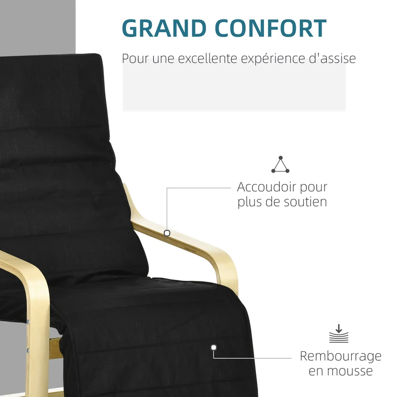 Fauteuil détente salon 94 x 66,5 x 100 cm repose-pied 5 positions assise rembourrée scandinave chaleureux en coton noir 21_0001690