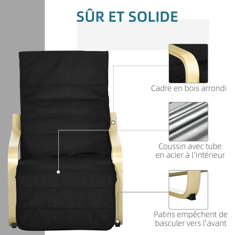Fauteuil détente salon 94 x 66,5 x 100 cm repose-pied 5 positions assise rembourrée scandinave chaleureux en coton noir 21_0001690