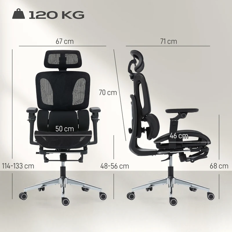 Chaise de bureau ergonomique 67 x 71 x 114-133 cm lombaire réglable têtière réglable design contemporain en maille noir 21_0006329