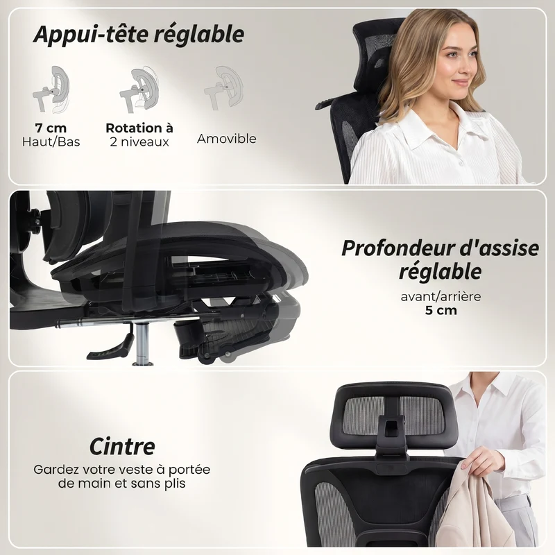 Chaise de bureau ergonomique 67 x 71 x 114-133 cm lombaire réglable têtière réglable design contemporain en maille noir 21_0006329