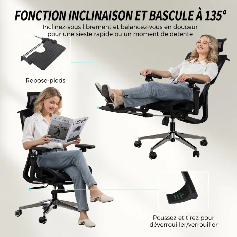 Chaise de bureau ergonomique 67 x 71 x 114-133 cm lombaire réglable têtière réglable design contemporain en maille noir 21_0006329