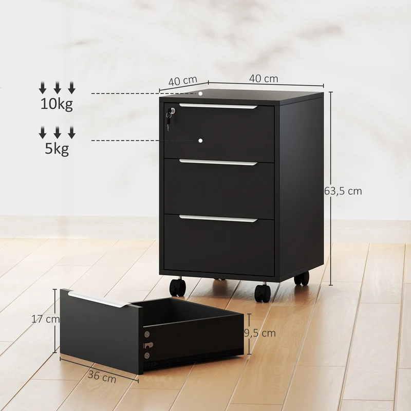 Caisson de bureau à roulettes 40 x 40 x 63,5 cm 3 tiroirs serrure contemporain design finition mate compact en MDF noir 21_0002456