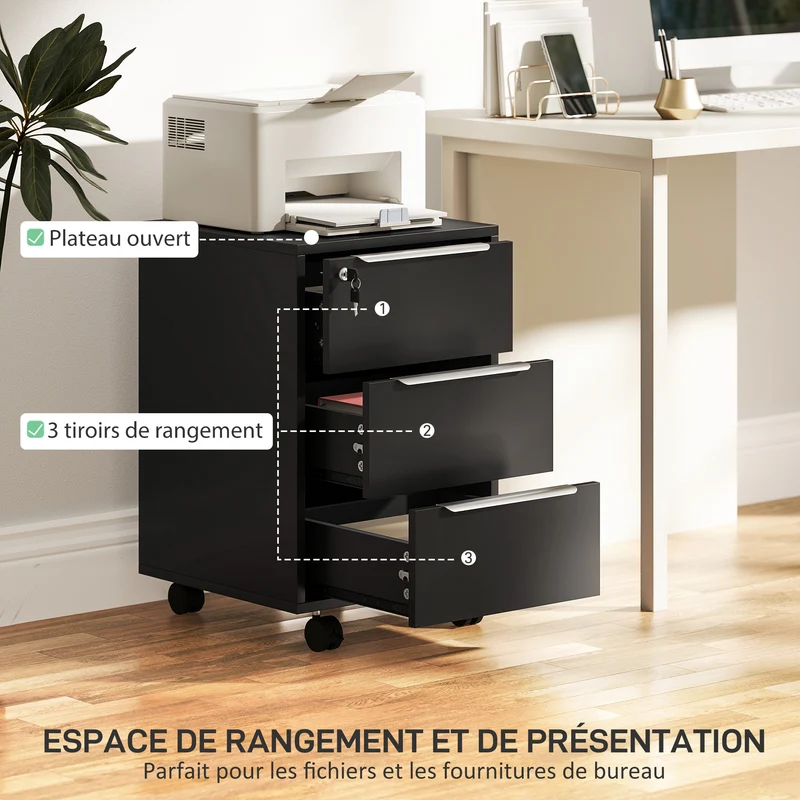 Caisson de bureau à roulettes 40 x 40 x 63,5 cm 3 tiroirs serrure contemporain design finition mate compact en MDF noir 21_0002456