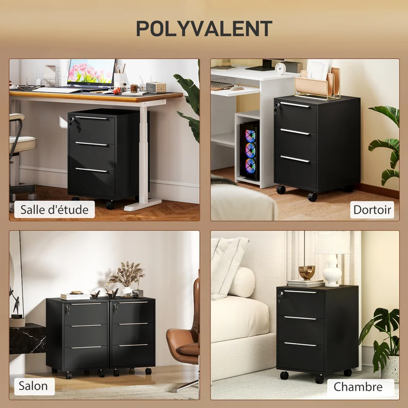 Caisson de bureau à roulettes 40 x 40 x 63,5 cm 3 tiroirs serrure contemporain design finition mate compact en MDF noir 21_0002456