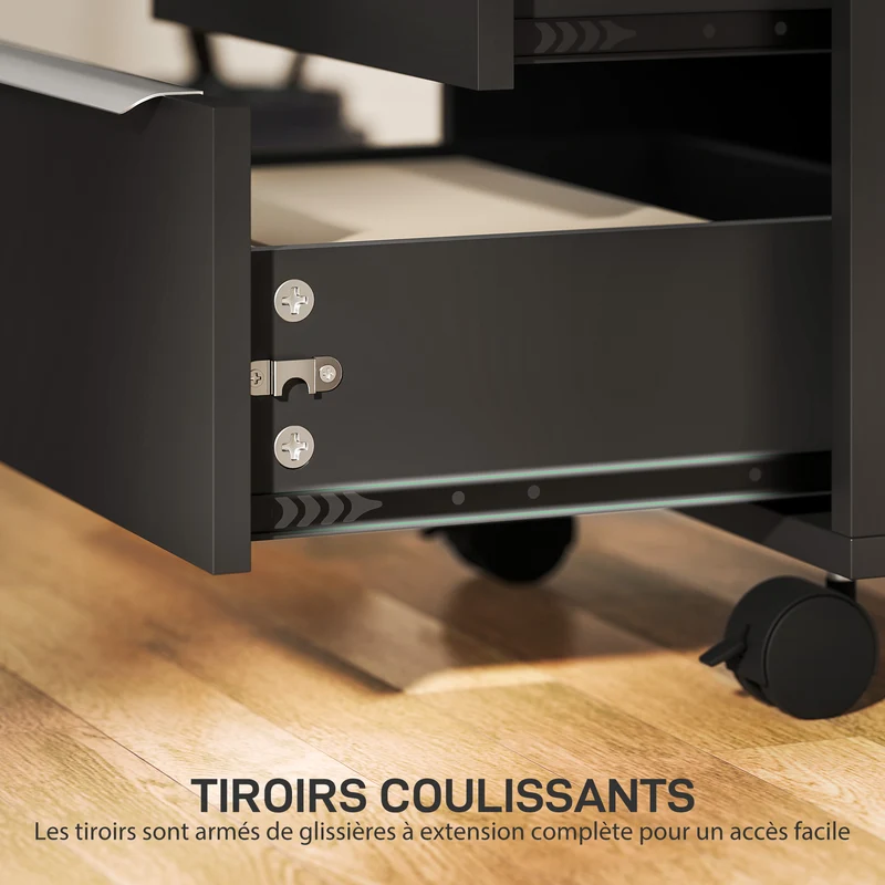 Caisson de bureau à roulettes 40 x 40 x 63,5 cm 3 tiroirs serrure contemporain design finition mate compact en MDF noir 21_0002456