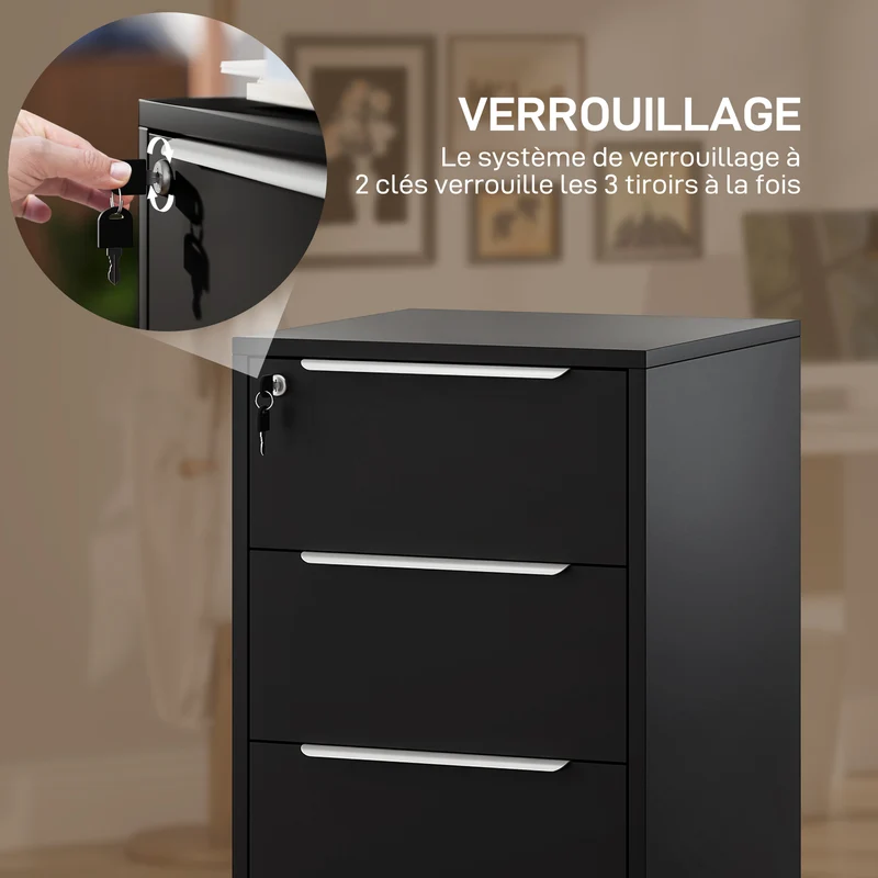 Caisson de bureau à roulettes 40 x 40 x 63,5 cm 3 tiroirs serrure contemporain design finition mate compact en MDF noir 21_0002456