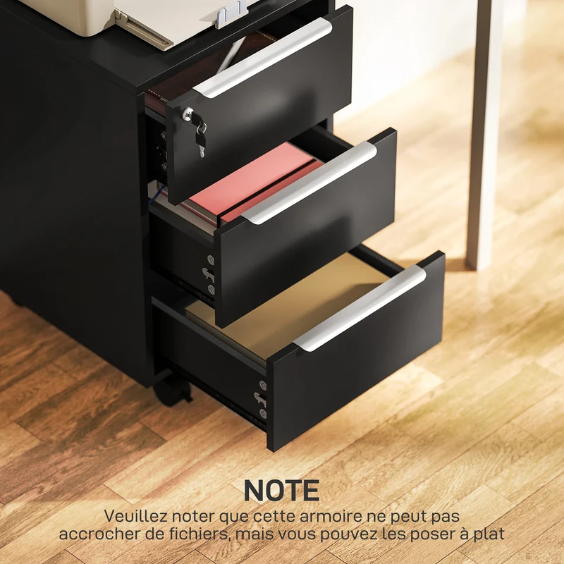 Caisson de bureau à roulettes 40 x 40 x 63,5 cm 3 tiroirs serrure contemporain design finition mate compact en MDF noir 21_0002456