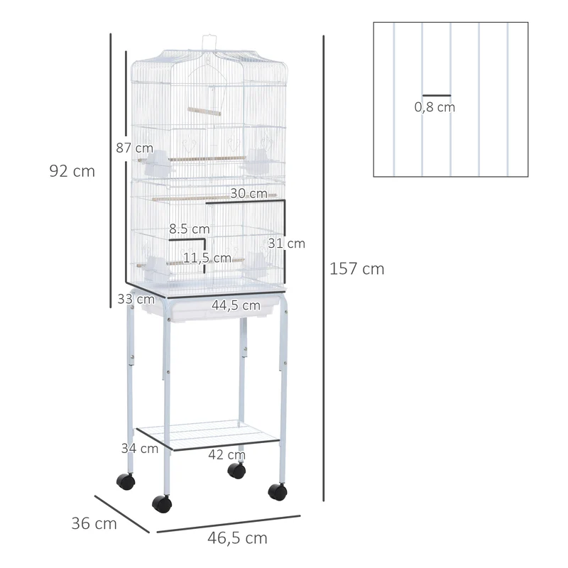 Cage volière sur pied 46.5 x 36 x 157 cm 3 perchoirs plateau amovible étagère avec roues à freins moderne en acier blanc 21_0007559