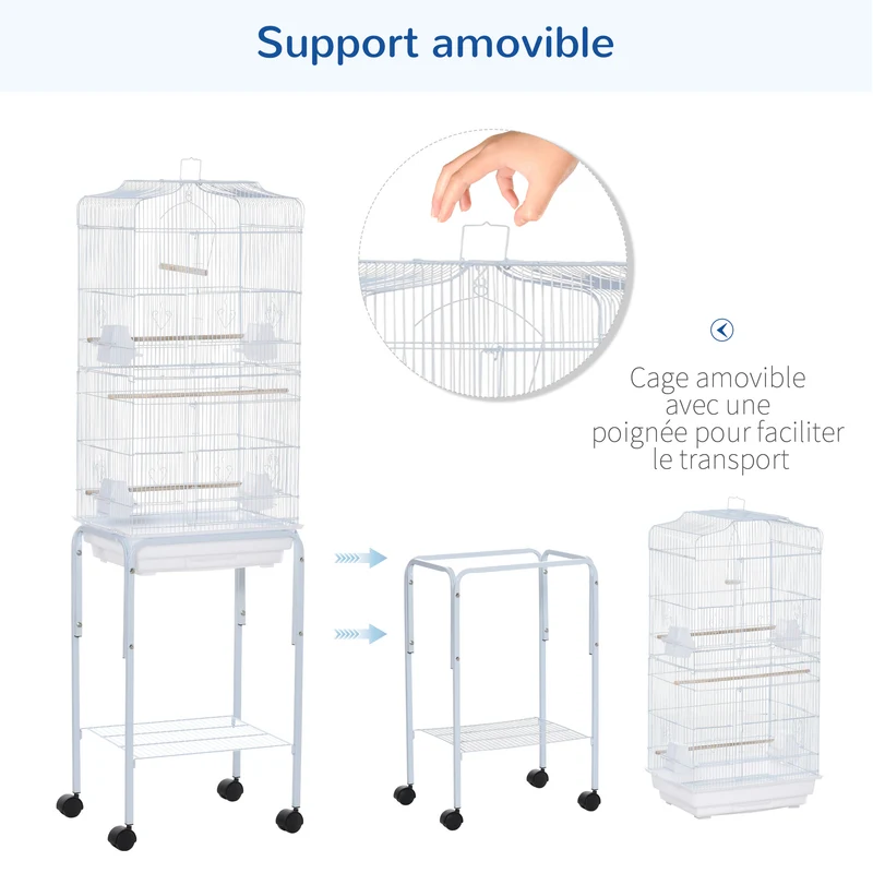 Cage volière sur pied 46.5 x 36 x 157 cm 3 perchoirs plateau amovible étagère avec roues à freins moderne en acier blanc 21_0007559
