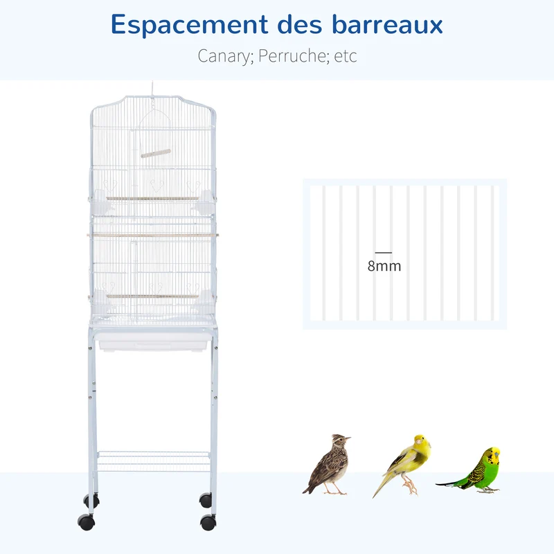 Cage volière sur pied 46.5 x 36 x 157 cm 3 perchoirs plateau amovible étagère avec roues à freins moderne en acier blanc 21_0007559