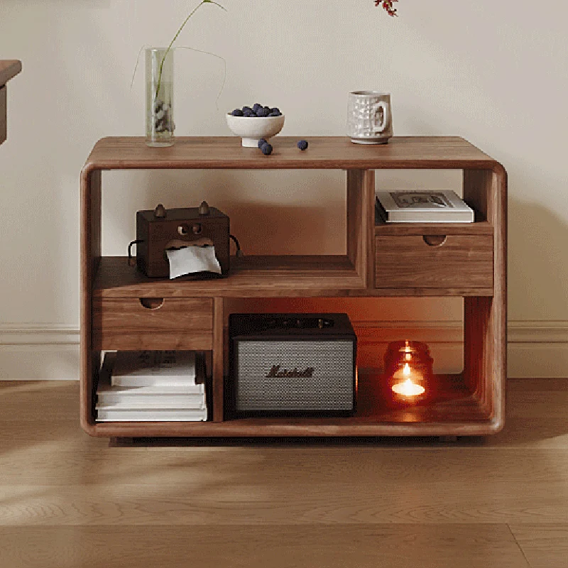 Traditional Vintage Hollowed-Out Rectangular Rubberwood Pine Wood Open Storage Cabinet 2-Drawer For Living Room