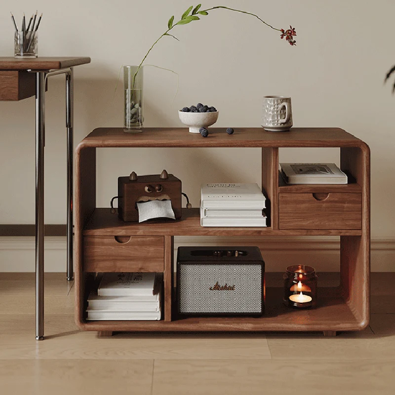 Traditional Vintage Hollowed-Out Rectangular Rubberwood Pine Wood Open Storage Cabinet 2-Drawer For Living Room
