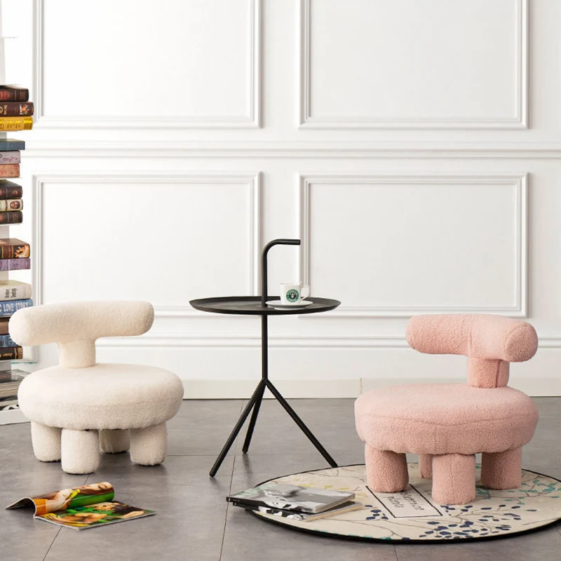 Modern Minimalist Plywood Sherpa Fabric Round Low Stool With Backrest For Living Room & Entryway