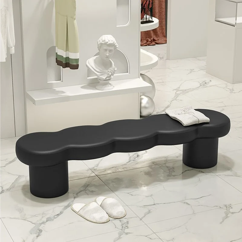 Contemporary Creative Solid Wood Wave-Design Bench With Faux Leather/Velvet For Entryway