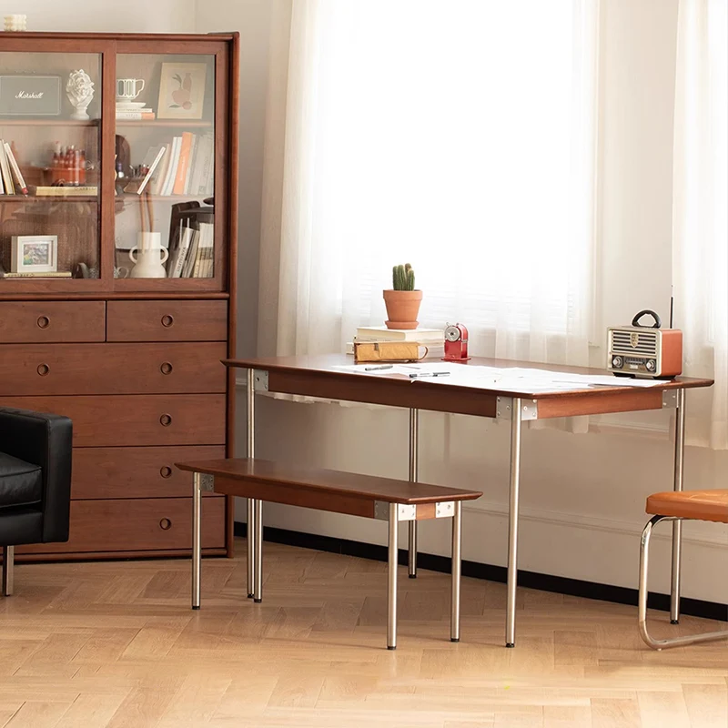 Modern Minimalist Pine & Stainless Steel Rectangular Bench Backless For Dining Room