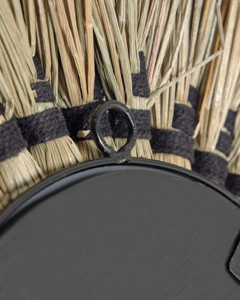 Akila round mirror made from green natural fibres and black cotton cord, 40 cm