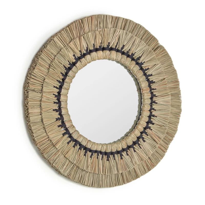 Akila round mirror made from beige natural fibres and black cotton cord, 60 cm