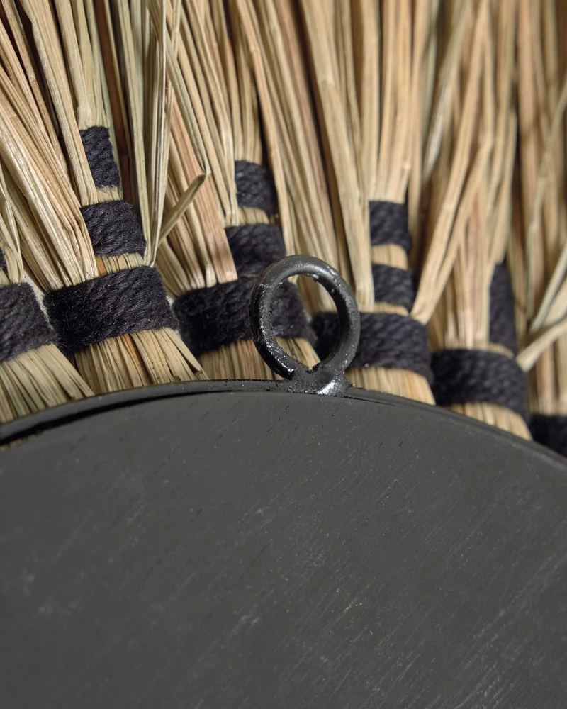 Akila round mirror made from beige natural fibres and black cotton cord, 60 cm