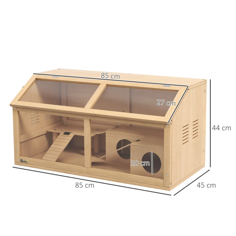 Cage pour hamster grand 85 x 45 x 44 cm toit ouvrant accès facile plateformes et jeux scandinave rustique en bois naturel 21_0007974