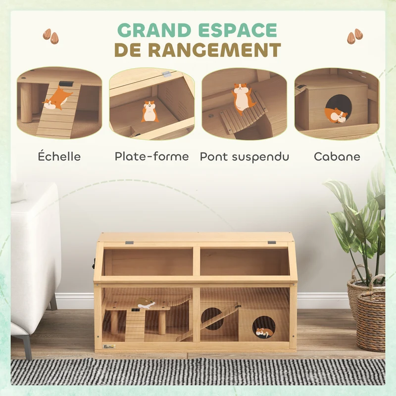 Cage pour hamster grand 85 x 45 x 44 cm toit ouvrant accès facile plateformes et jeux scandinave rustique en bois naturel 21_0007974