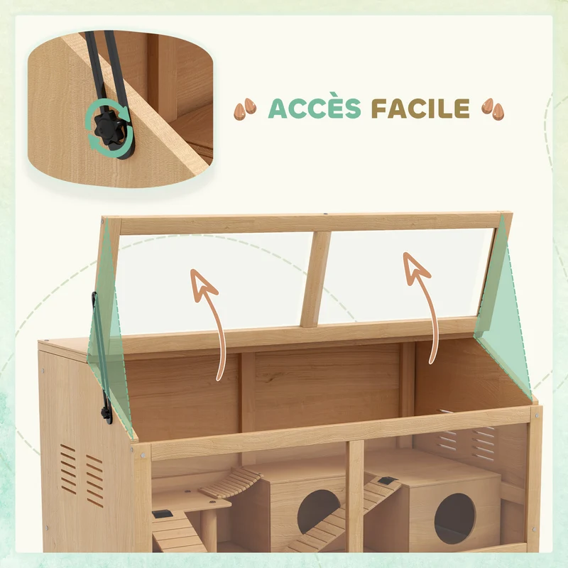 Cage pour hamster grand 85 x 45 x 44 cm toit ouvrant accès facile plateformes et jeux scandinave rustique en bois naturel 21_0007974