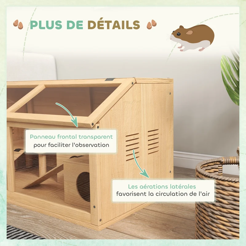 Cage pour hamster grand 85 x 45 x 44 cm toit ouvrant accès facile plateformes et jeux scandinave rustique en bois naturel 21_0007974