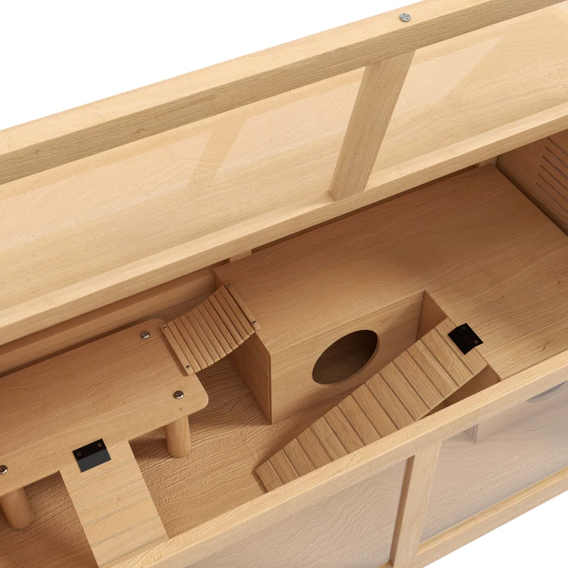 Cage pour hamster grand 85 x 45 x 44 cm toit ouvrant accès facile plateformes et jeux scandinave rustique en bois naturel 21_0007974