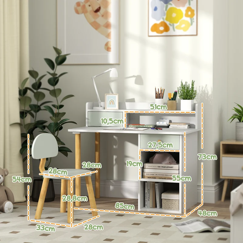 Bureau enfant avec chaise 85 x 48 x 73 cm rangement 2 tiroirs étagères assise ergonomique scandinave épuré en MDF vert 21_0000219
