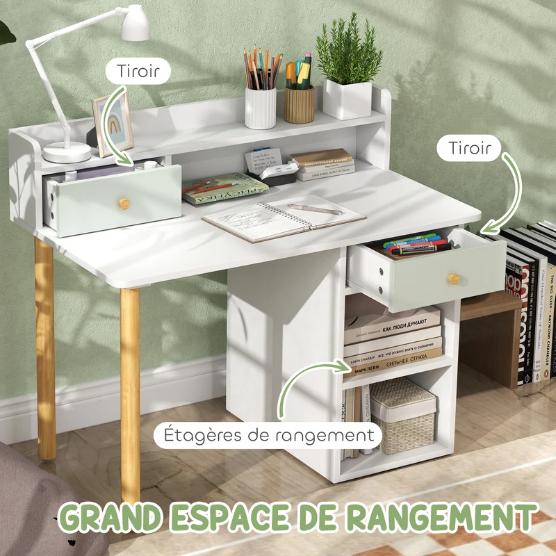 Bureau enfant avec chaise 85 x 48 x 73 cm rangement 2 tiroirs étagères assise ergonomique scandinave épuré en MDF vert 21_0000219