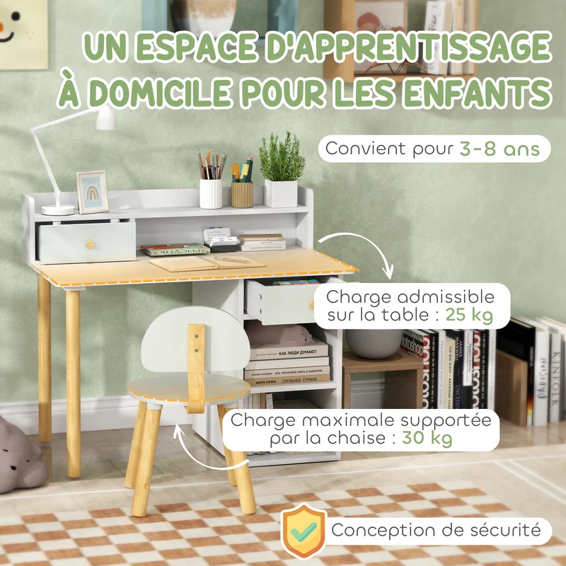 Bureau enfant avec chaise 85 x 48 x 73 cm rangement 2 tiroirs étagères assise ergonomique scandinave épuré en MDF vert 21_0000219