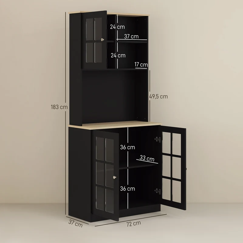 Buffet vitrine de cuisine 80 x 37 x 183 cm avec plan de travail rangements multiples contemporain épuré en MDF noir 21_0002192