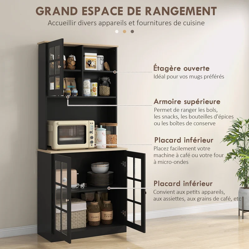 Buffet vitrine de cuisine 80 x 37 x 183 cm avec plan de travail rangements multiples contemporain épuré en MDF noir 21_0002192
