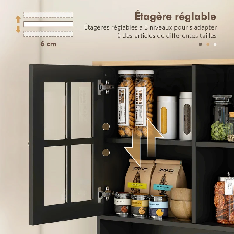 Buffet vitrine de cuisine 80 x 37 x 183 cm avec plan de travail rangements multiples contemporain épuré en MDF noir 21_0002192