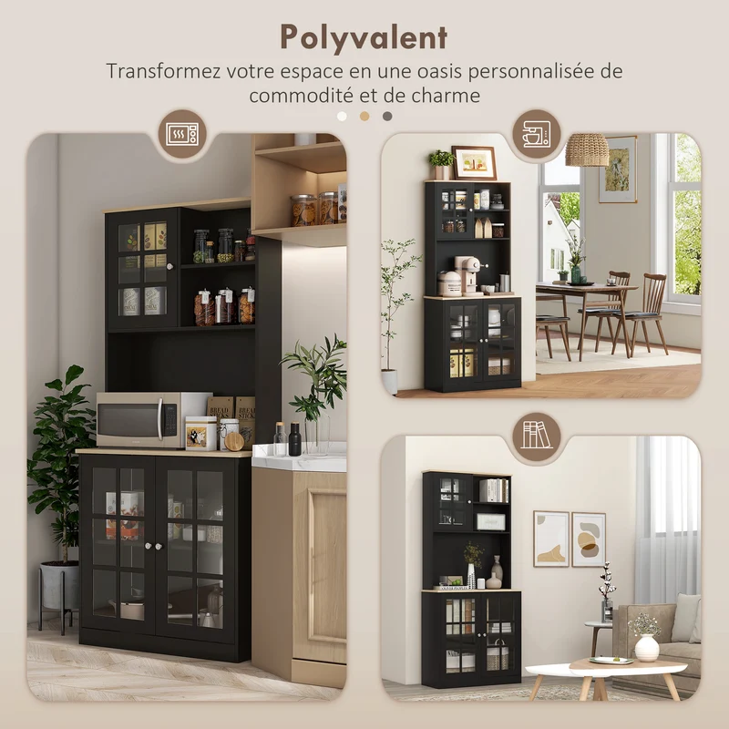 Buffet vitrine de cuisine 80 x 37 x 183 cm avec plan de travail rangements multiples contemporain épuré en MDF noir 21_0002192