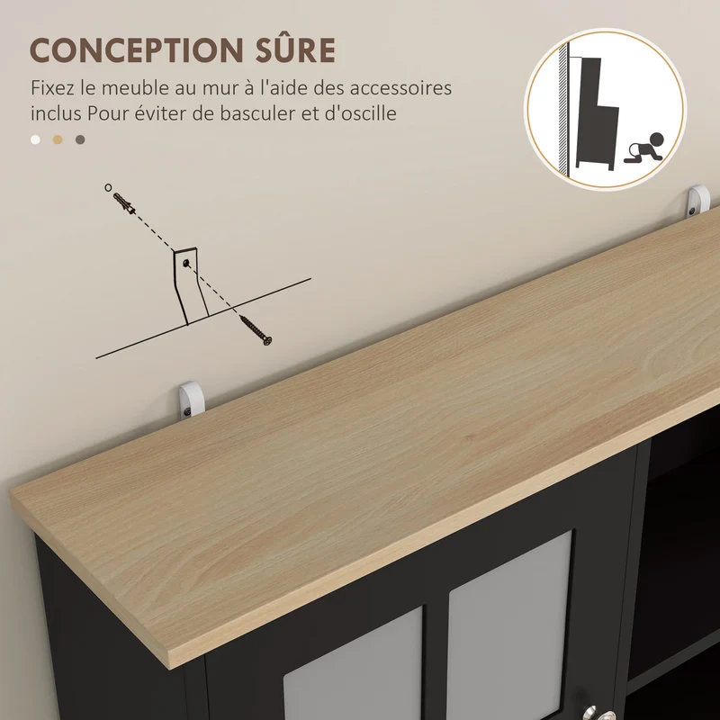 Buffet vitrine de cuisine 80 x 37 x 183 cm avec plan de travail rangements multiples contemporain épuré en MDF noir 21_0002192