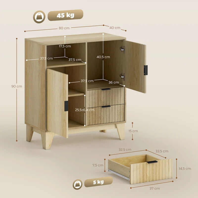 Buffet salon portes et tiroirs 80 x 40 x 90 cm fermeture douce style épuré moderne en panneau de particules naturel 21_0003556