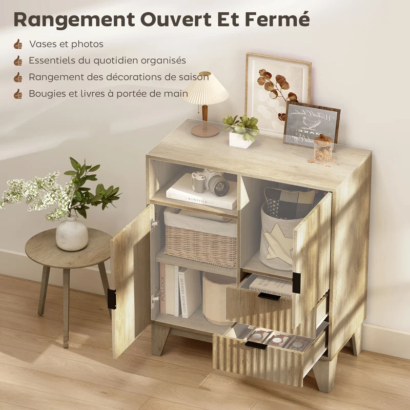 Buffet salon portes et tiroirs 80 x 40 x 90 cm fermeture douce style épuré moderne en panneau de particules naturel 21_0003556