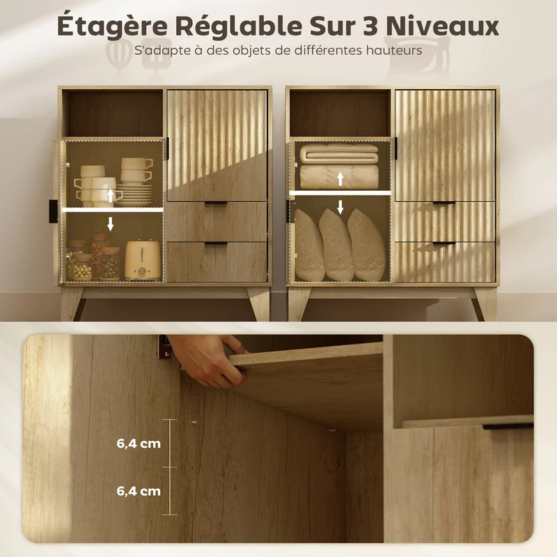Buffet salon portes et tiroirs 80 x 40 x 90 cm fermeture douce style épuré moderne en panneau de particules naturel 21_0003556